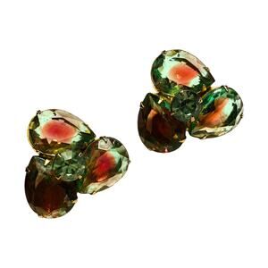 Vintage mid century clip on earrings watermelon green pink glass stones on gold